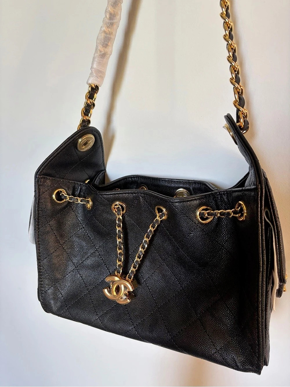Chanel Small Shopping Bag Black Quilted Chain Crossbody